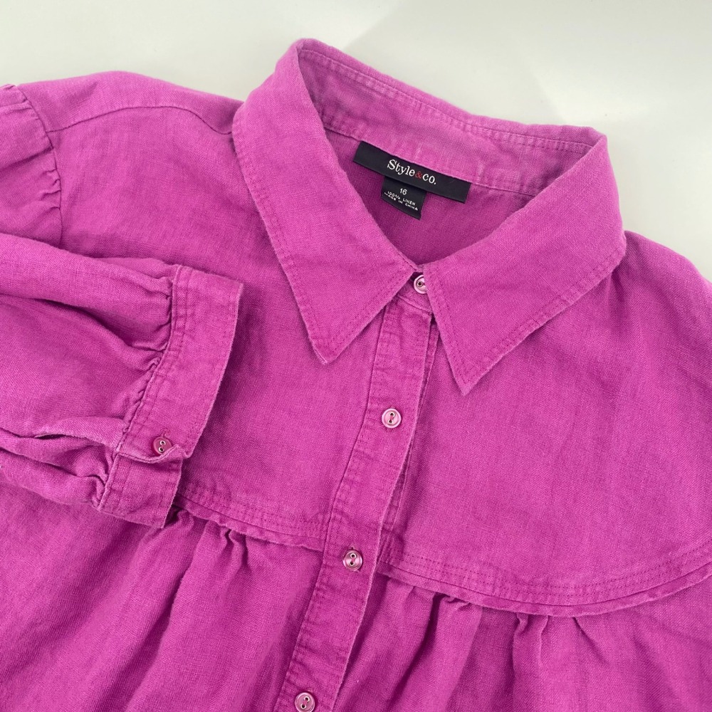 Style & Co Linen Blouse Womens 16 Magenta Purple 3/4 Sleeve Western Yoke Shirt